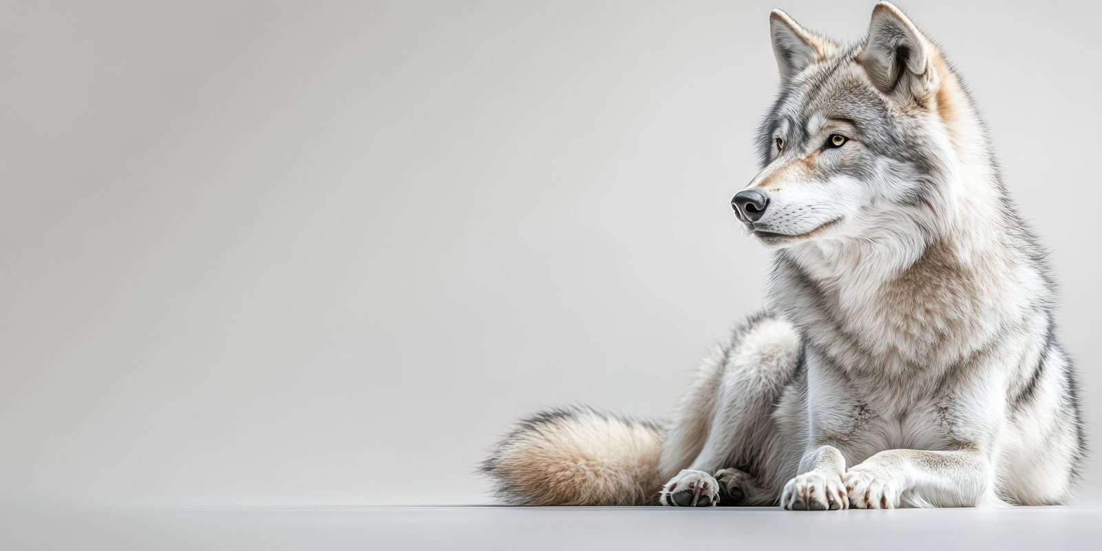 Majestic wolf resting calmly on a smooth surface with a neutral background at midday